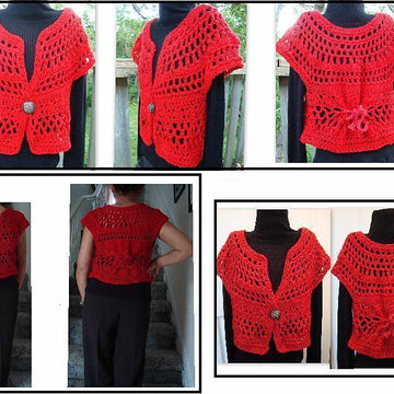 717 RED CROCHET SHRUG, SMALL TO PLUS SIZE