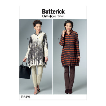 Butterick Misses' Loose Shirts with Stand Collar, Shaped Hem and Tucks B6491 - Sewing Pattern