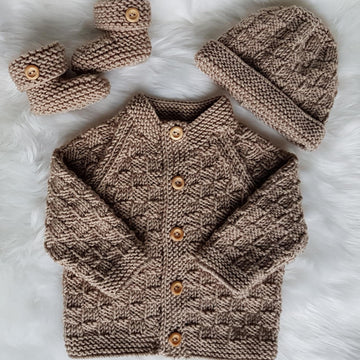 Thomas Baby Cardigan, Hat & Booties knitting pattern to fit 16" chest.