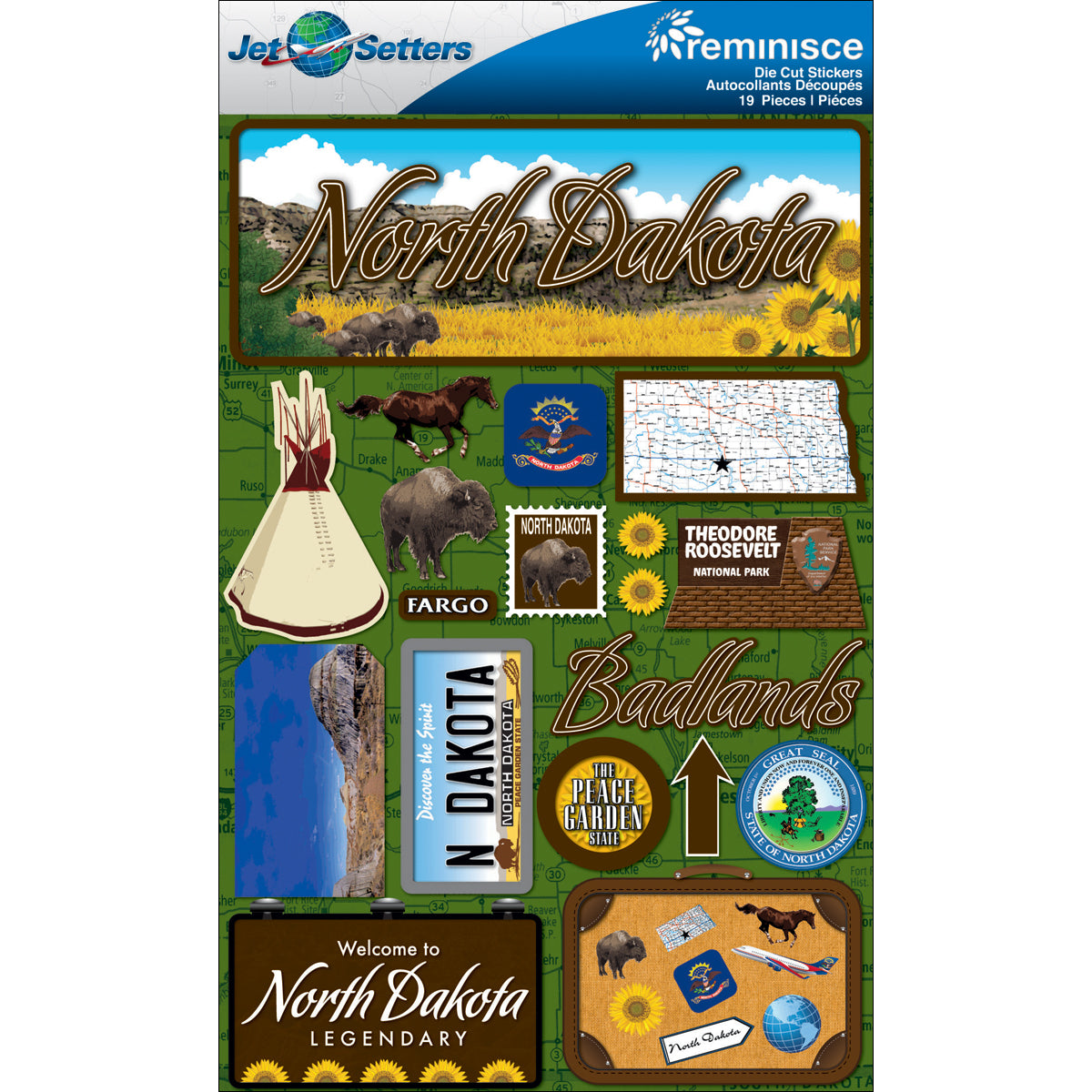Reminisce Jet Setters State Dimensional Stickers 4.5"X7.5" - North Dakota