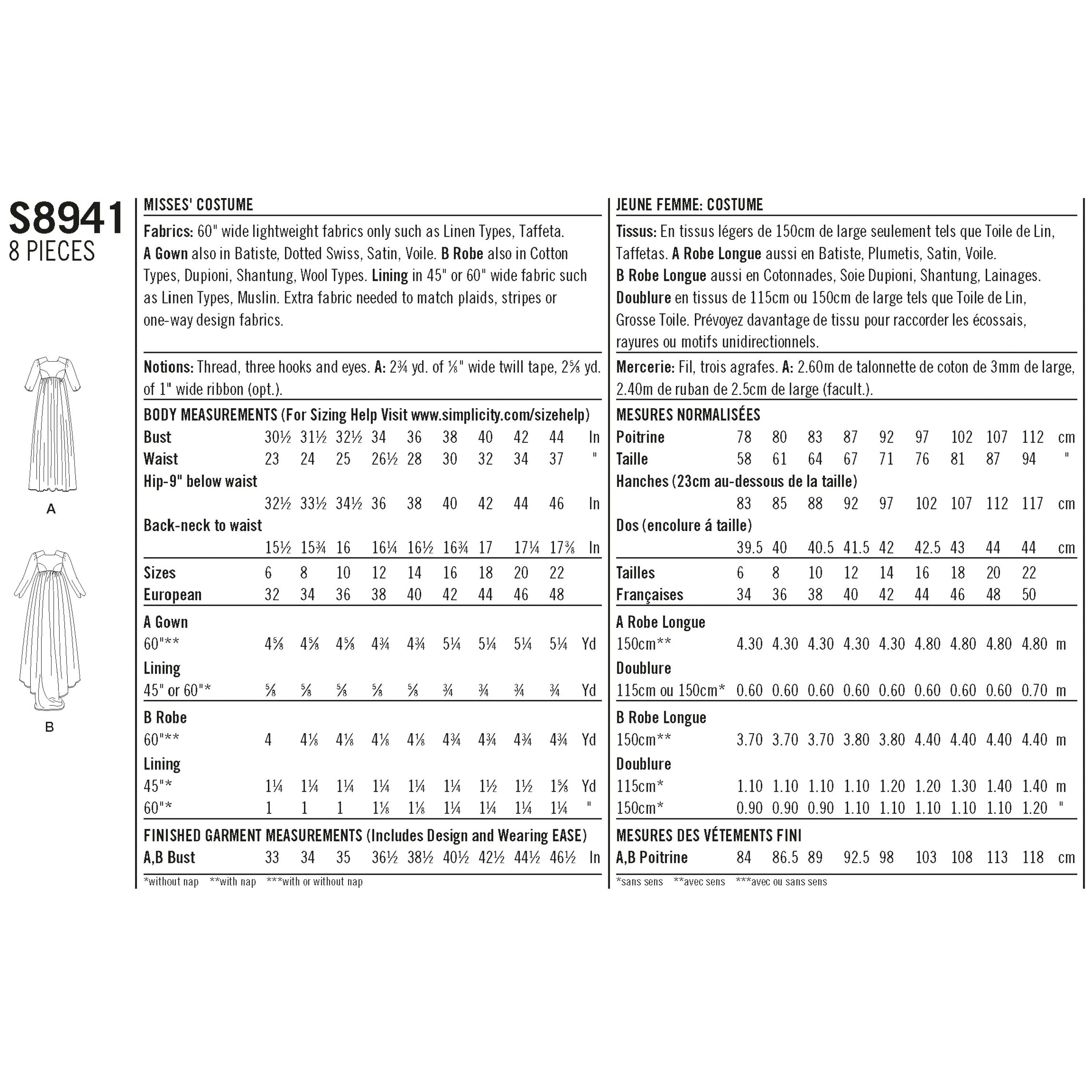 Simplicity S8941 Misses Costume - Sewing Pattern