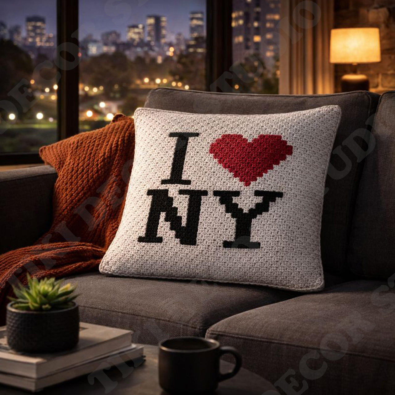 I Love NY White Pillow C2C Crochet Pattern New York Square Cushion