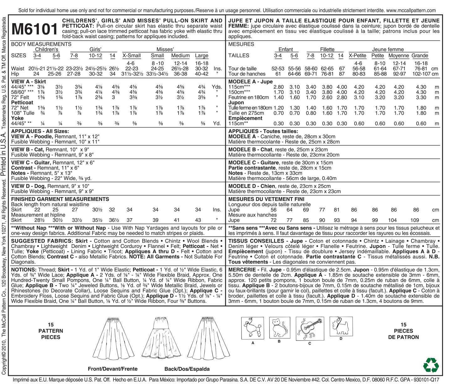 McCall's Children's/Girls'/Misses' Pull-On Skirt and Petticoat M6101 - Sewing Pattern