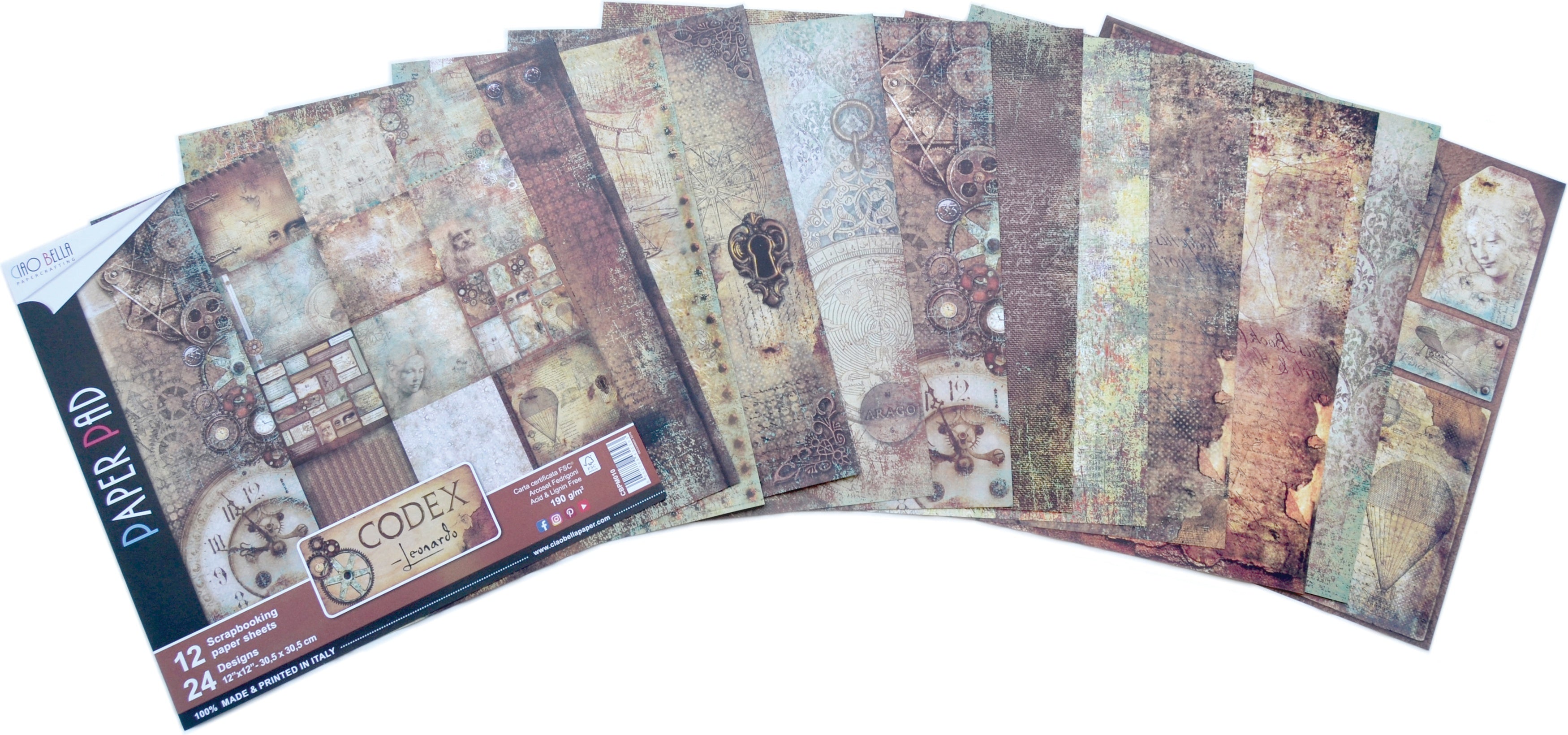 Ciao Bella Double-Sided Paper Pack 90lb 12"X12" 12/Pkg - Codex Leonardo, 12 Designs/1 Each