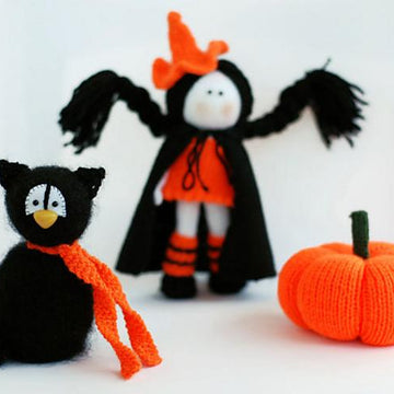 Halloween knitting patterns Sale : Black Cat in the orange Hat, Young Witch and Pumpkin - (knitted round)