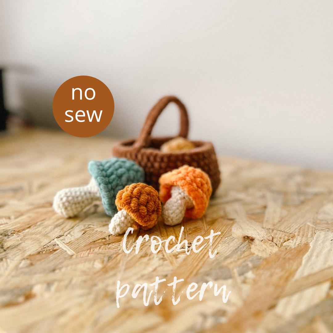 3 sizes of mushrooms crochet pattern, basket of mushrooms PDF