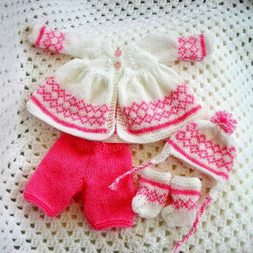 Knitting pattern for a 15 inch Doll, fair lisle Matinee Coat, shorts, Hat and Boots