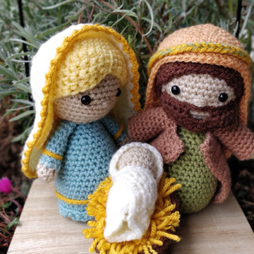 Nativity Scene Christmas Dolls Mary Joseph Baby Jesus Crib Donkey and Sheep Manger Creche Krippe amigurumi crochet pattern