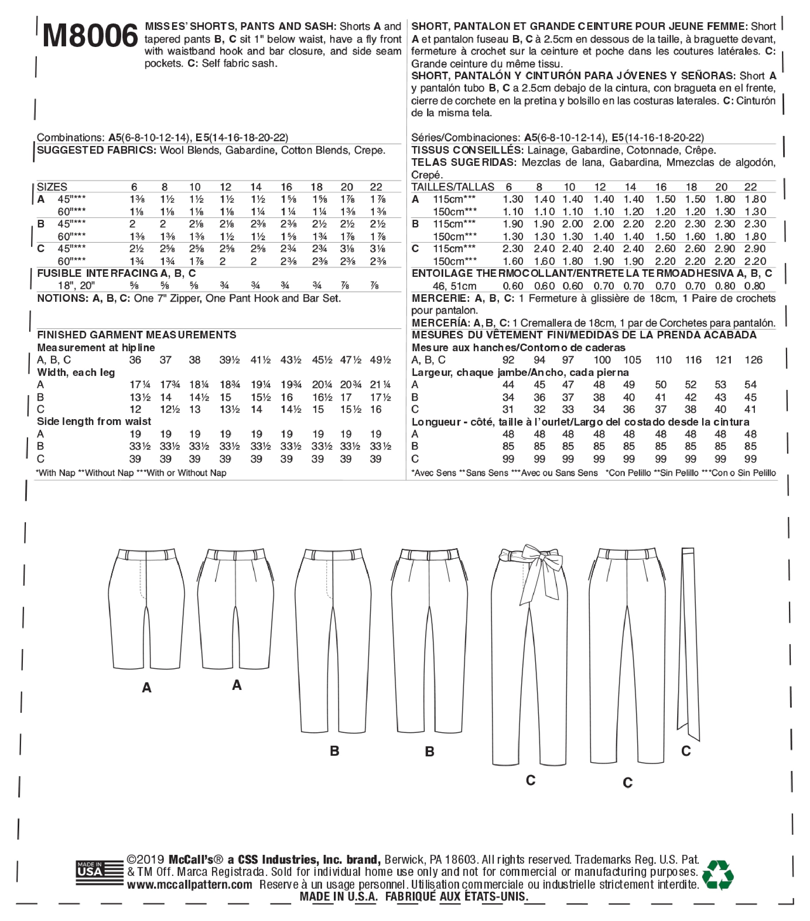 McCall's Misses' Shorts, Pants and Sash M8006 - Sewing Pattern