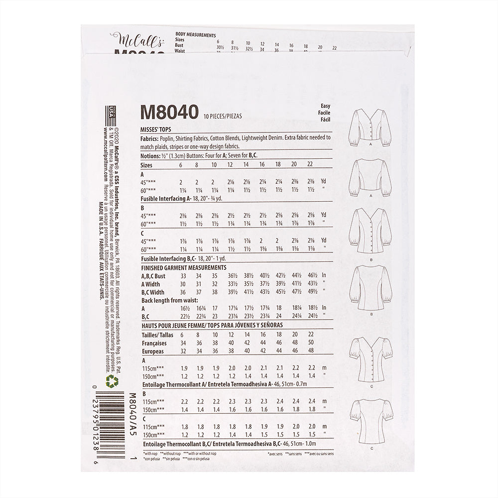 McCall's #EmmieMcCalls - Misses' Tops M8040 - Sewing Pattern