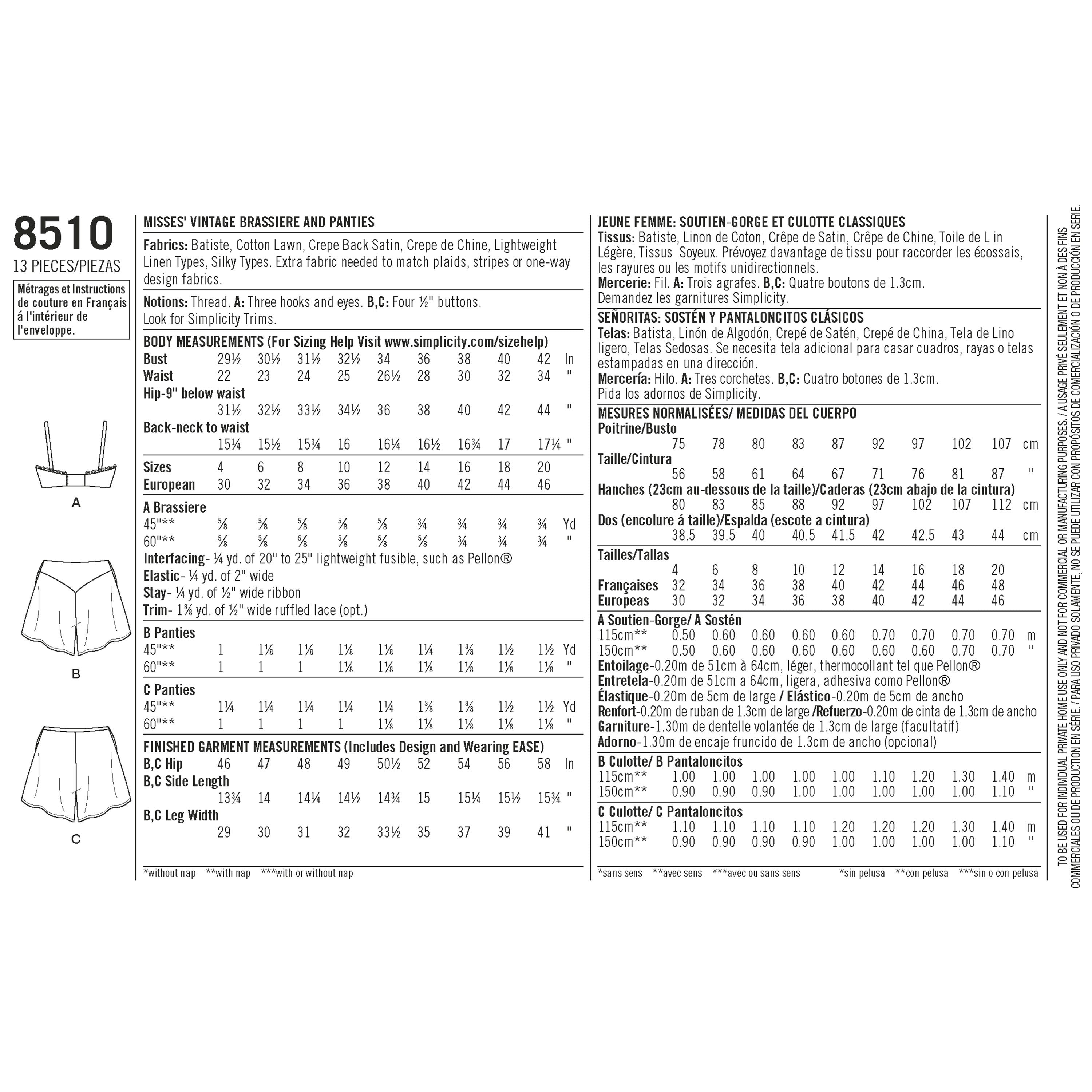 Simplicity Pattern 8510 Miss Vintage Brassiere & Panties 8510 - Sewing Pattern