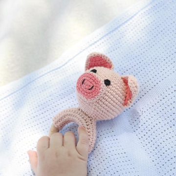 Pig crochet pattern baby rattle toy Amigurumi teether ring