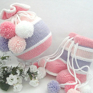 Knitting PATTERN Baby Hat Baby Booties Baby Set with Pompoms