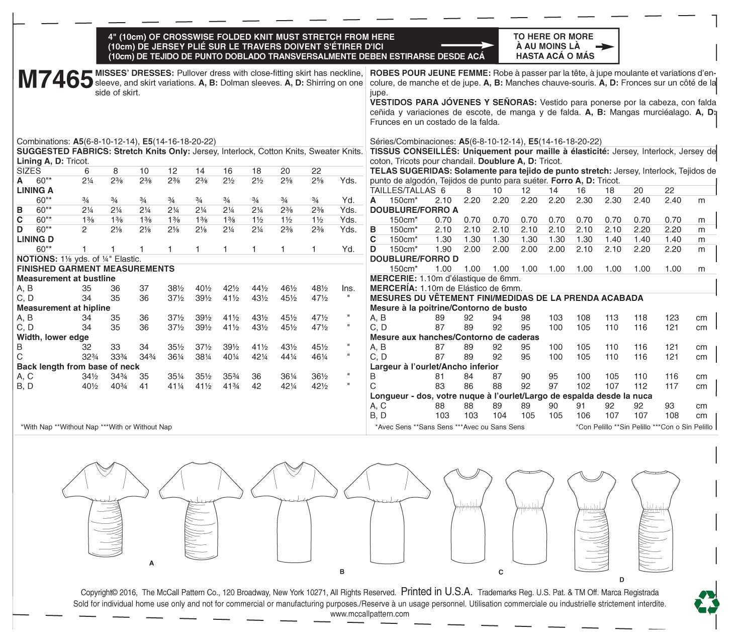 McCall's Misses' Batwing or Dolman Sleeve Dresses M7465 - Sewing Pattern