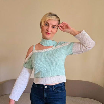 One shoulder turtleneck crochet sweater
