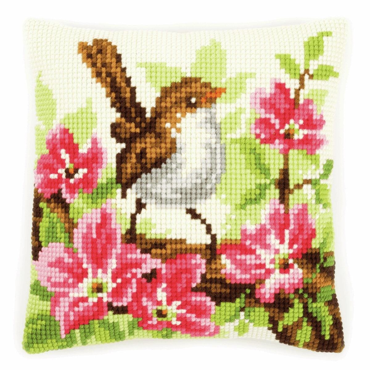 Vervaco Cross Stitch Kit: Cushion: Bird & Pink Flowers - 40 x 40cm