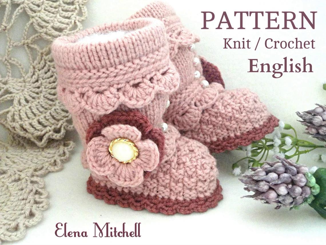 Knitting PATTERN Baby Booties with Crochet edging and flowers