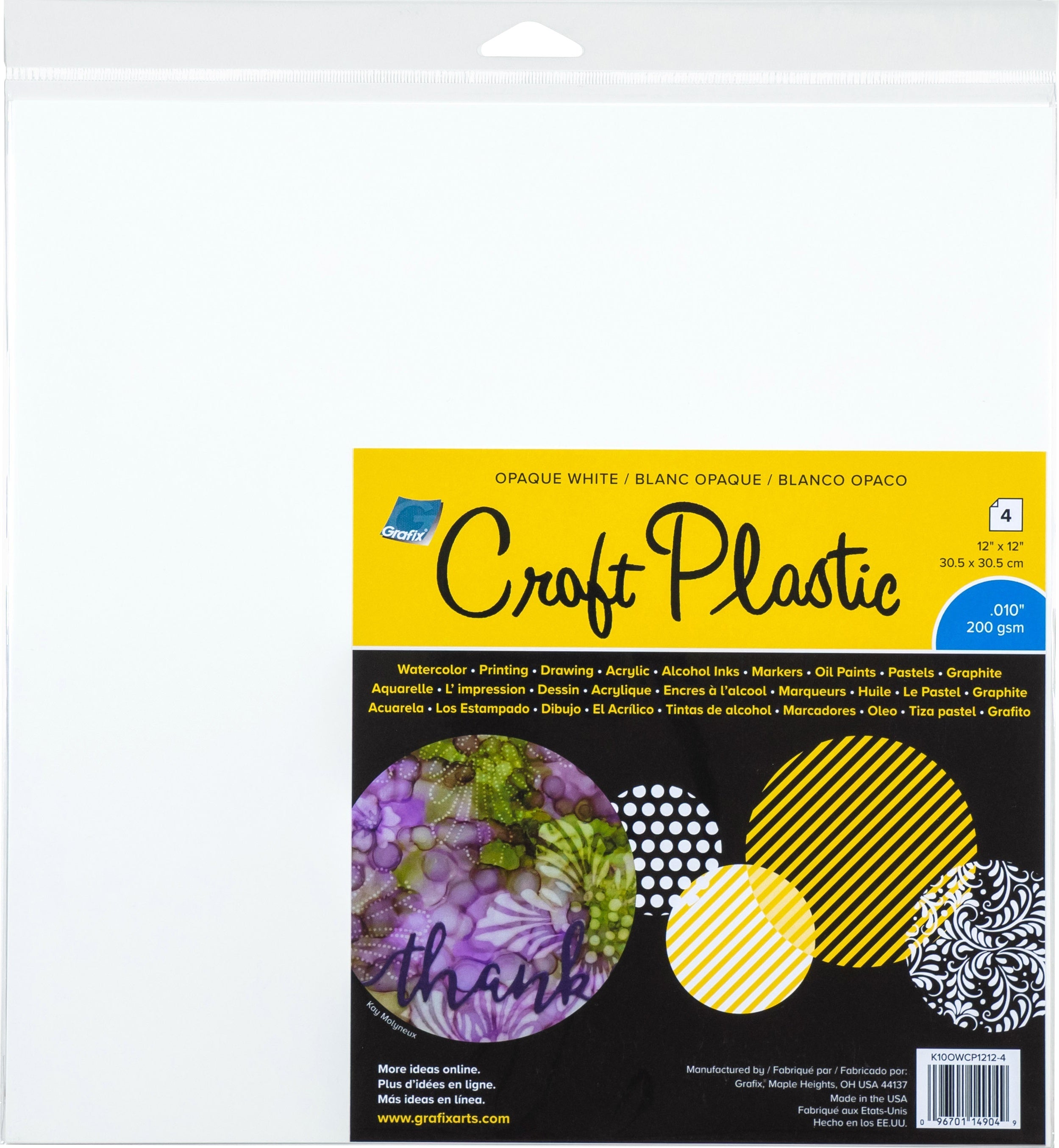 Grafix Craft Plastic Sheets 12"X12" 4/Pkg - Opaque White .010