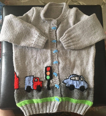 Kevin Baby Intarsia Cardigan Knitting Pattern 2 years plus approx