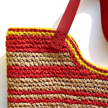 Crochet Raffia Beach Bag Pattern, Striped Tote with Leather Handles