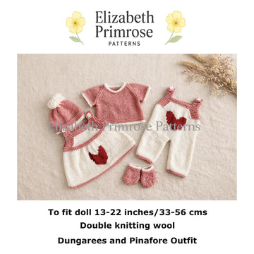Heart Dungarees & Pinafore Set Knitting Pattern P133 | Dolls Clothes | Elizabeth Primrose Patterns
