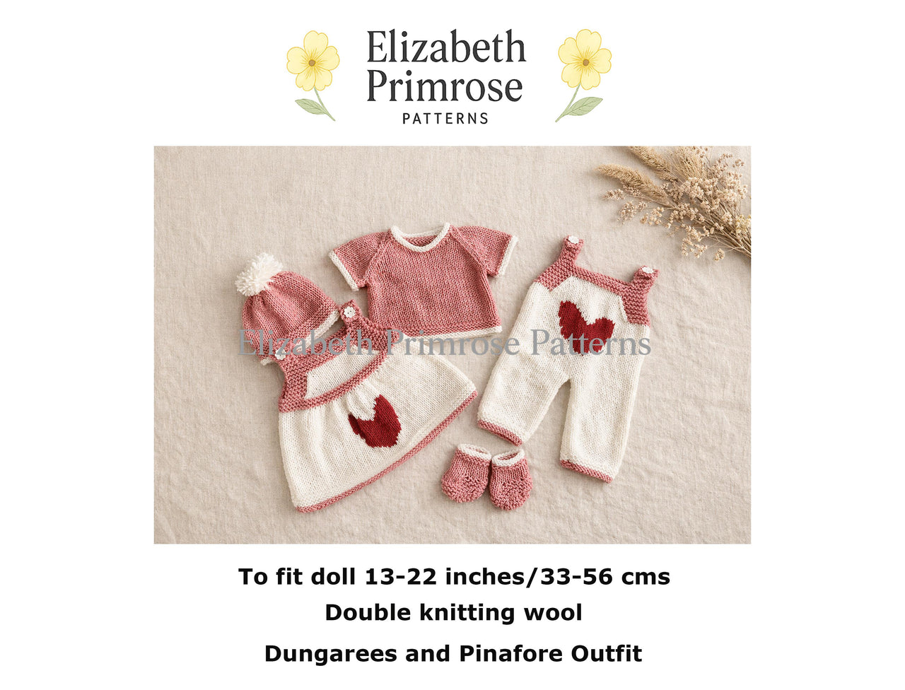 Heart Dungarees & Pinafore Set Knitting Pattern P133 | Dolls Clothes | Elizabeth Primrose Patterns