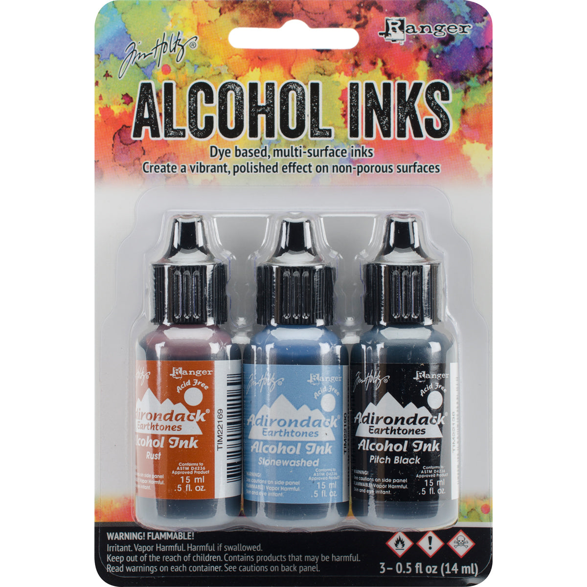 Ranger Tim Holtz Alcohol Ink .5oz 3/Pkg - Miners Lantern-Rust/Stonewash/Pitch Blk