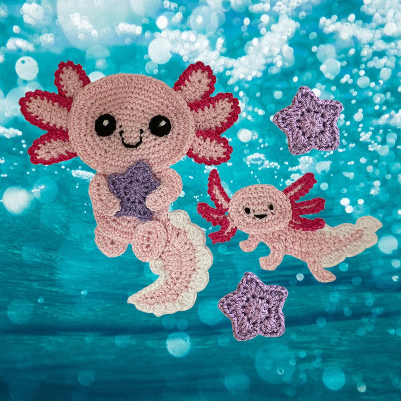 Axolotl and baby crochet applique pattern