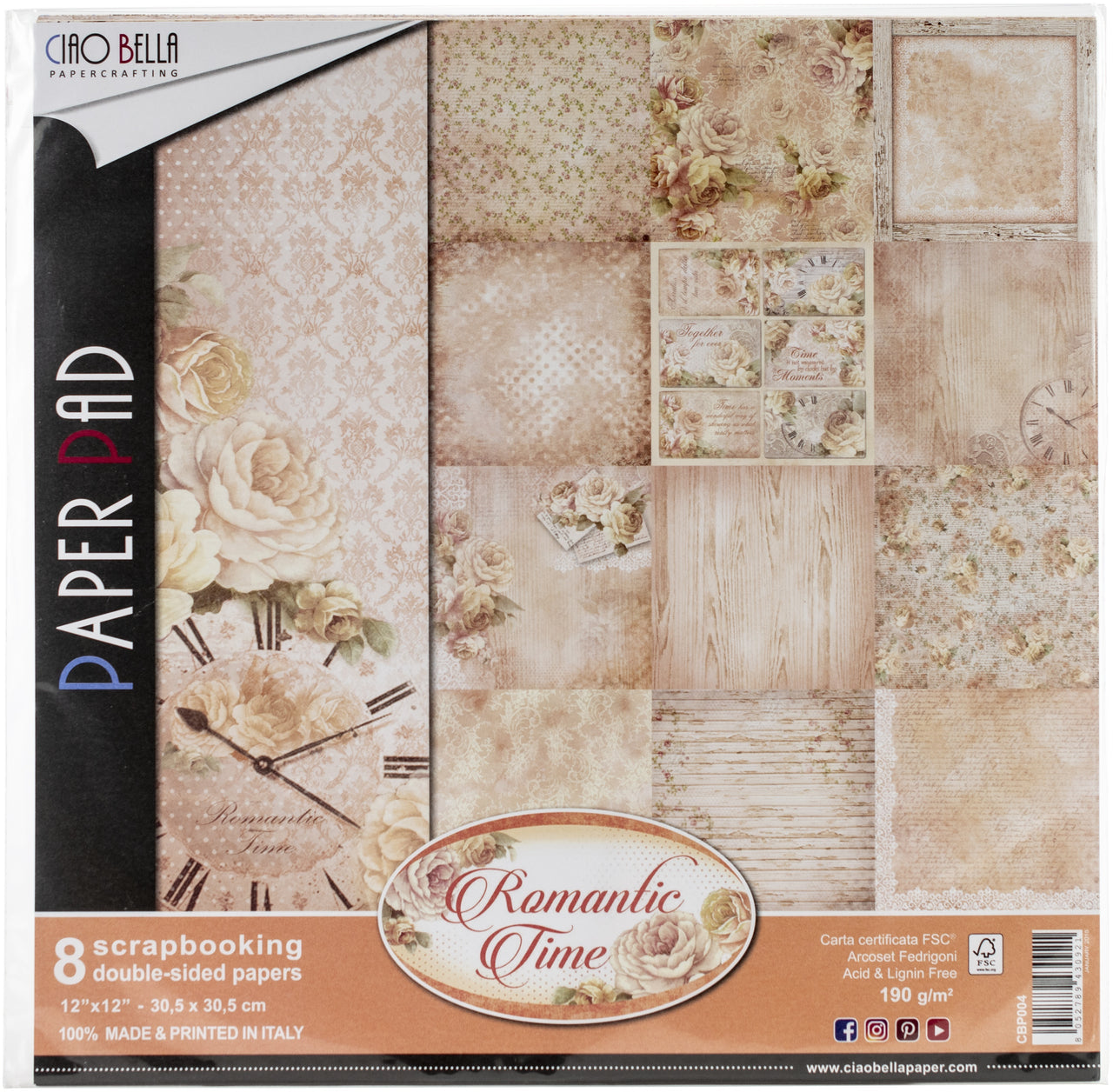 Ciao Bella Double-Sided Paper Pack 90lb 12"X12" 8/P - Romantic Time, 8 Designs/1 Each