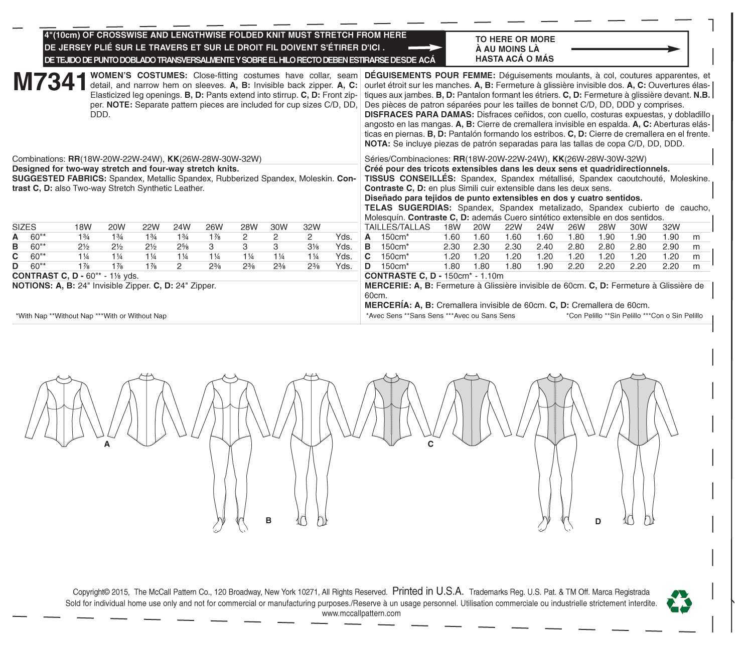 McCall's Women's Zippered Bodysuit by Yaya Han M7341 - Sewing Pattern