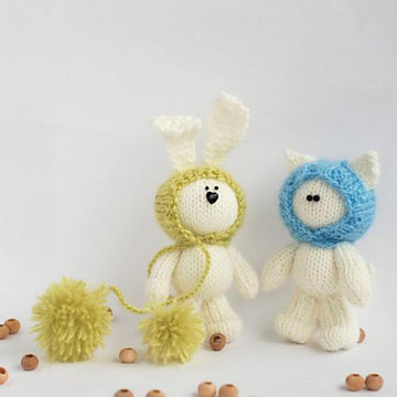 TWO FRIENDS : White cat in light blue hat and White rabbit in a light green hat