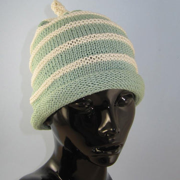Stripe Roll Brim Topknot Beanie Hat