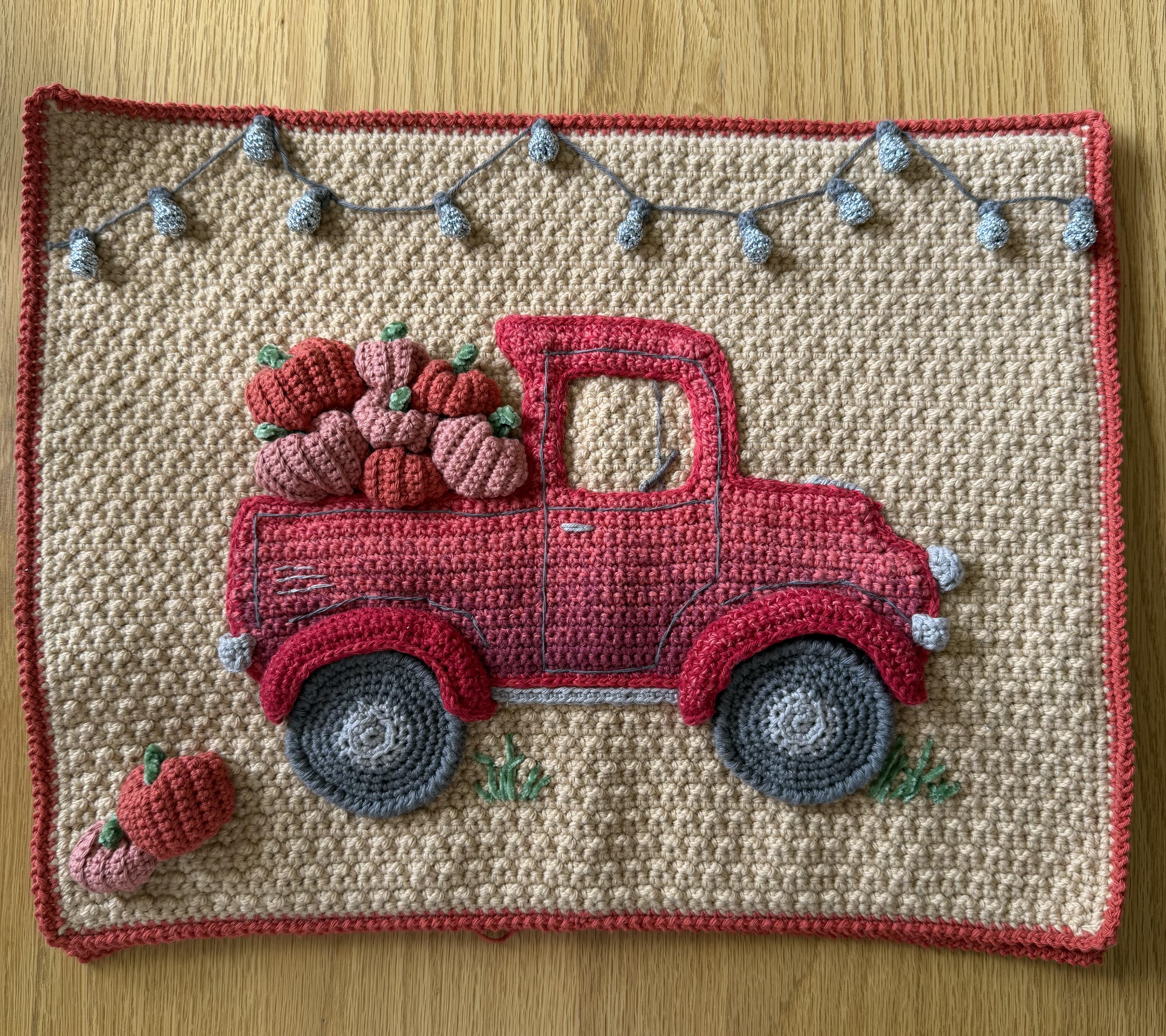 Pumpkin Truck crochet cushion.
