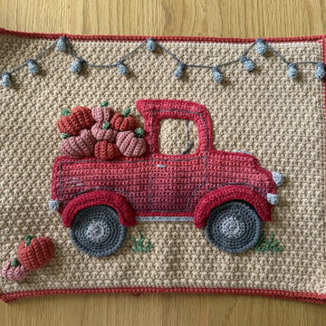 Pumpkin Truck crochet cushion.