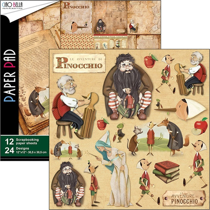 Ciao Bella Double-Sided Paper Pack 90lb 12"X12" 12/Pkg - Avventure Di Pinocchio, 12 Designs