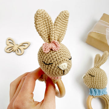 Crochet bunny pattern baby rattle toy Amigurumi rabbit teether