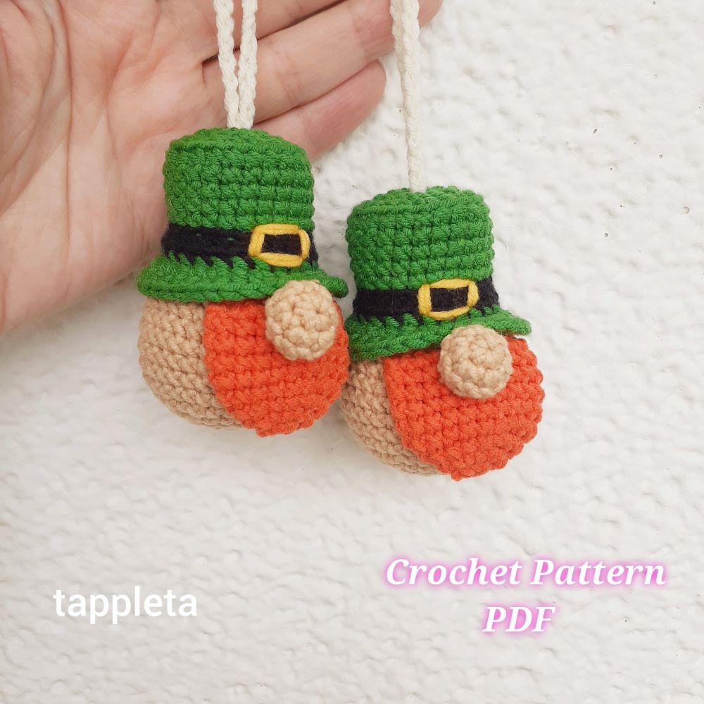 Leprechaun gnome ornament crochet pattern, St Patricks Day decor, Tiny gnome amigurumi crochet pattern, Leprechaun hat mini good luck charm