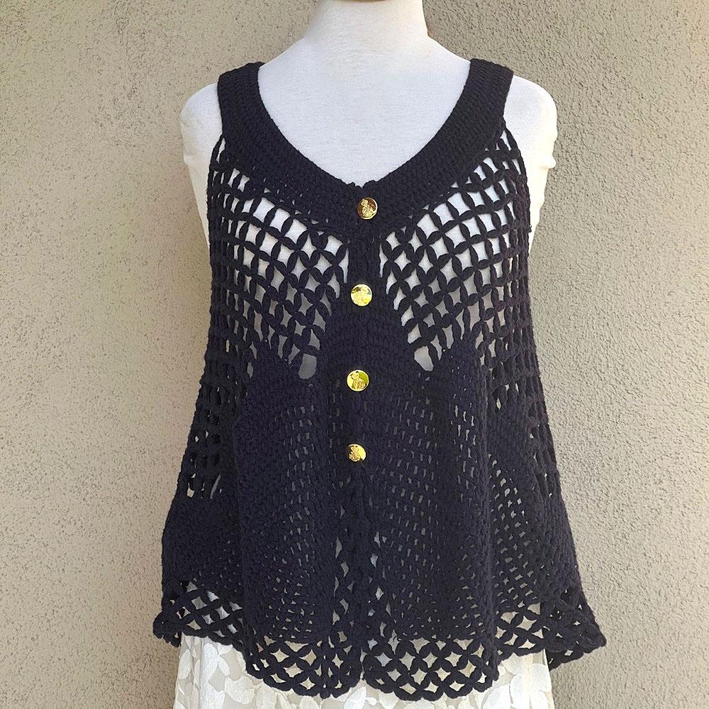 Crochet Boho Style Vest – Loose Fit, Mesh Sleeveless Buttoned Design