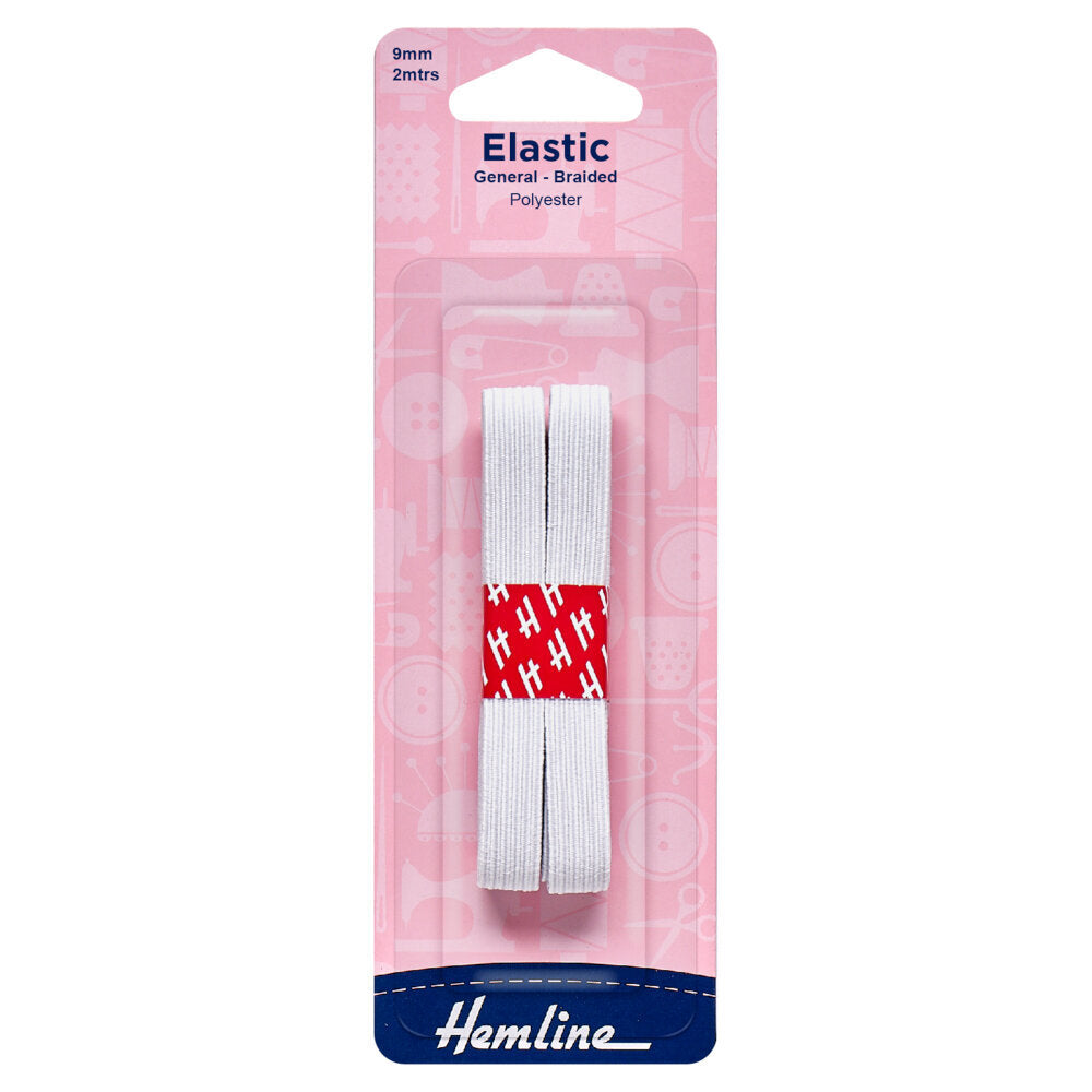 Hemline General Purpose Braided Elastic: 2m x 9mm: White