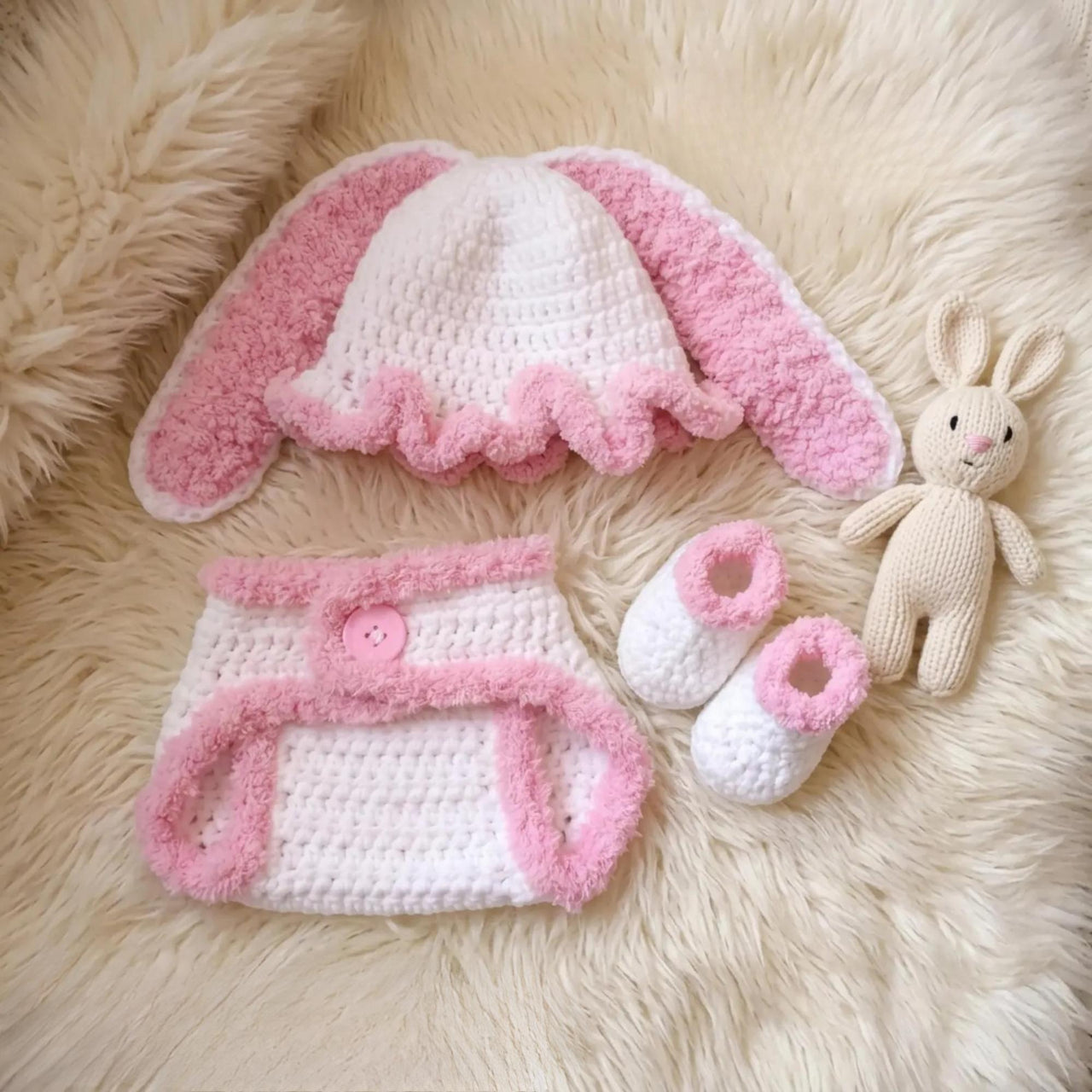 Newborn Bunny Easter Crochet Pattern Set PDF – 3 Month Baby Diaper Outfit Pattern