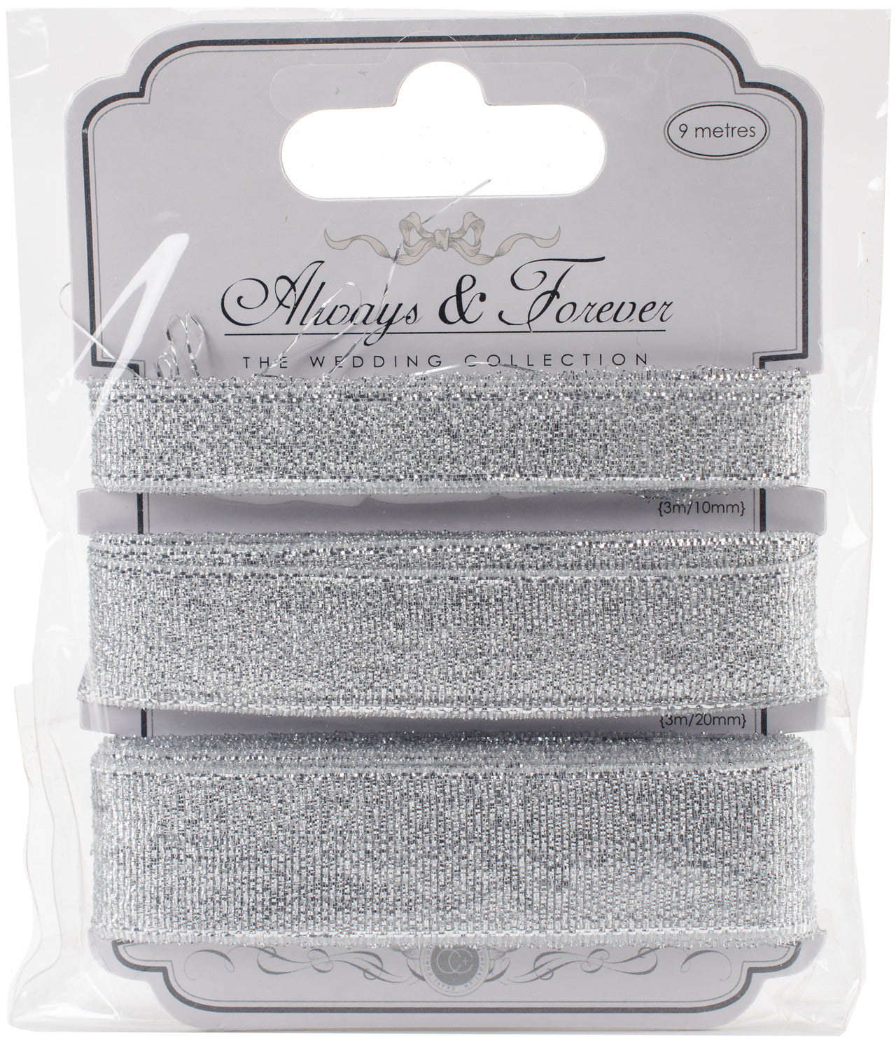 Craft Consortium Always & Forever Metallic Ribbon 3m 3/Pkg - Silver; 10mm, 20mm & 25mm