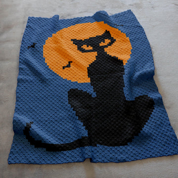 C2C Halloween Black Cat Intarsia Throw Diagonal Crochet Pattern