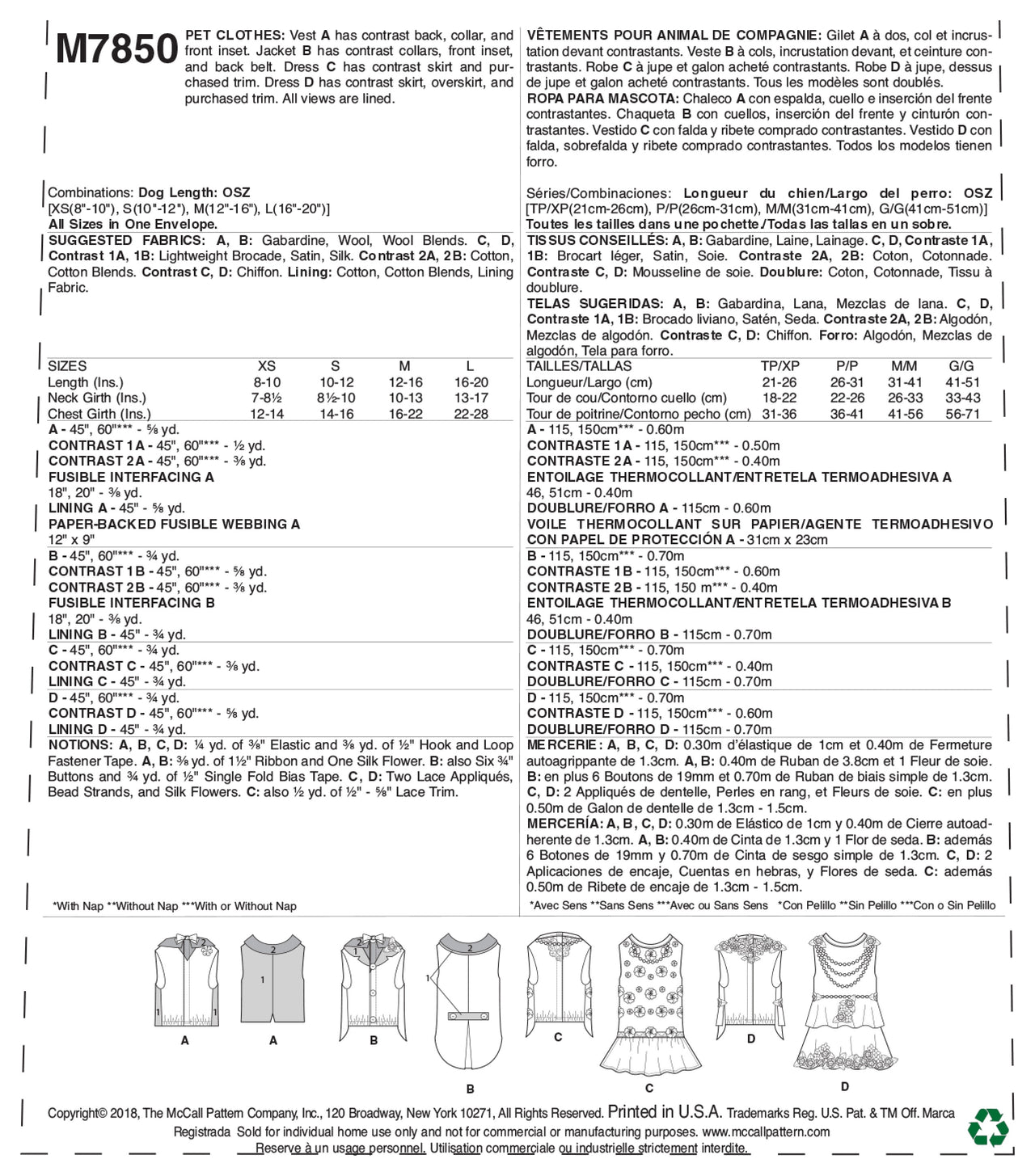 McCall's Pet Clothes M7850 - Paper Pattern, Size One Size