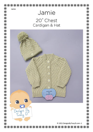 Jamie Unisex Baby cardigan and hatknitting pattern 20 inch chest size