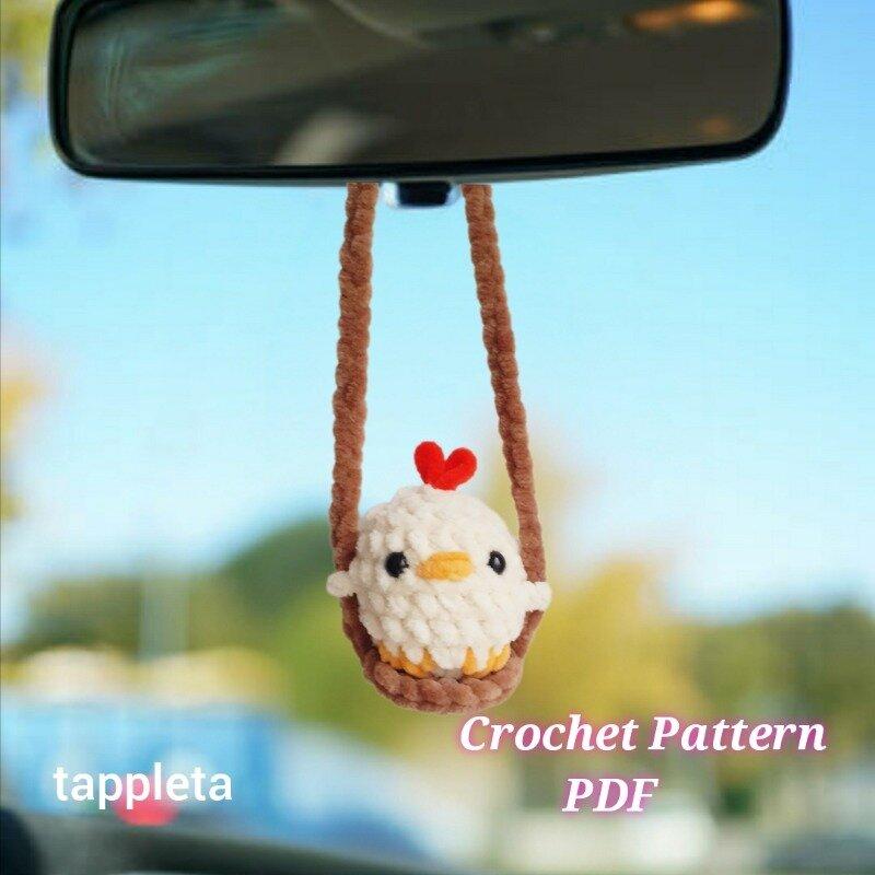 Chicken on a swing crochet pattern pdf, Baby chicken plushie car hanger crochet, Easter car decor, Chicken lover gift handmade car accessory