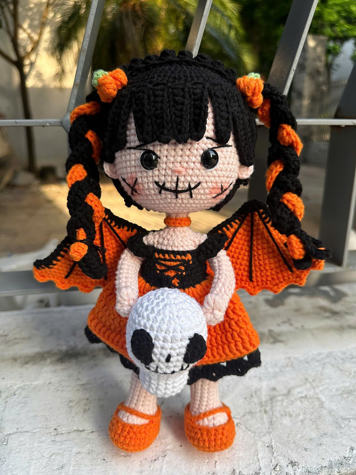Pumpkin Bat Girl with Skull