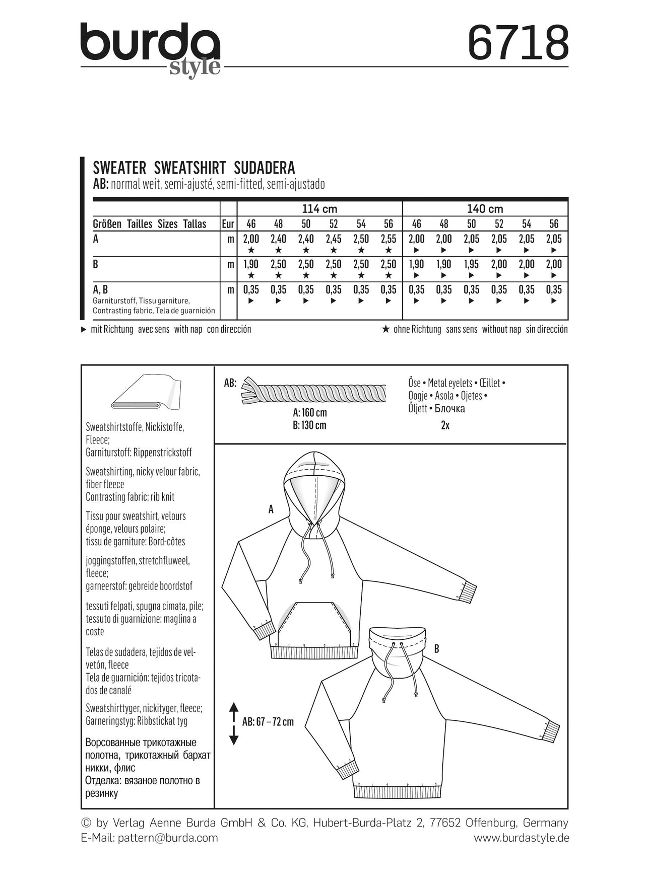 Burda Men's Pullover Hoodie Sewing Pattern B6718 - Paper Pattern, Size 36-46