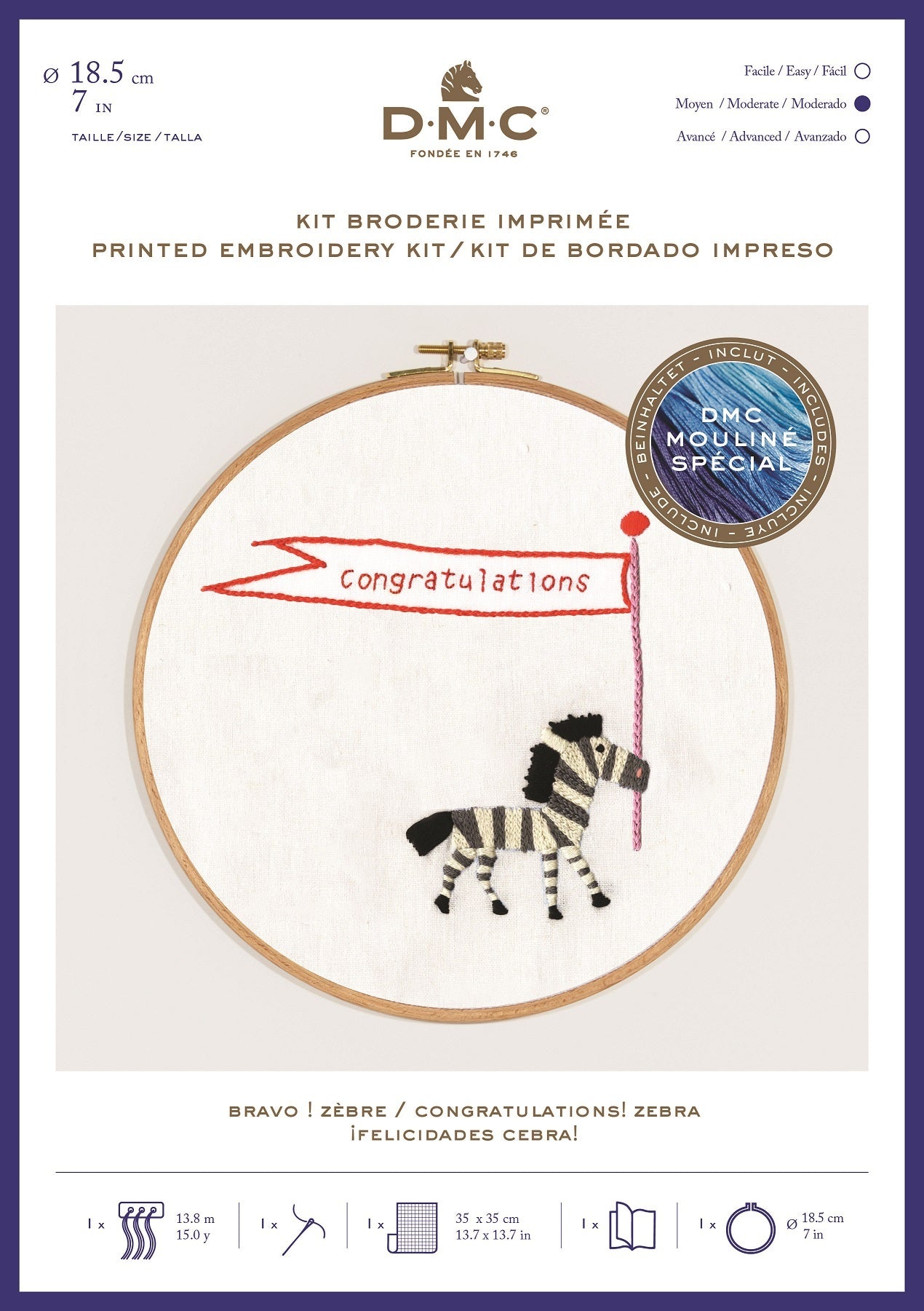 DMC Congratulations! Zebra (printed fabric, 7" hoop) Embroidery Kit -  35cm x 35cm