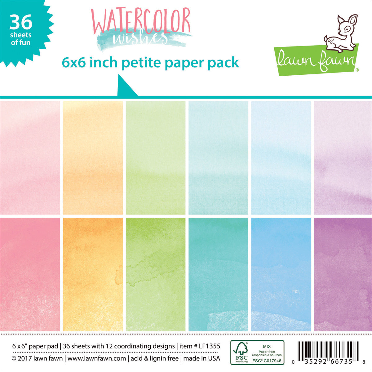Lawn Fawn Single-Sided Petite Paper Pack 6"X6" 36/Pkg - Watercolor Wishes, 12 Designs/3 Each