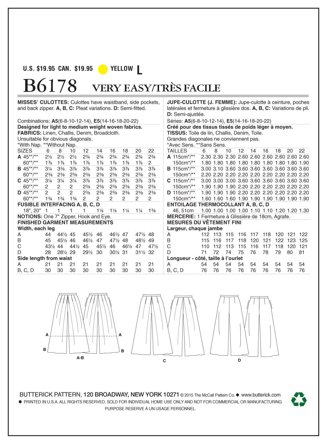 Butterick Misses' Culottes B6178 - Sewing Pattern
